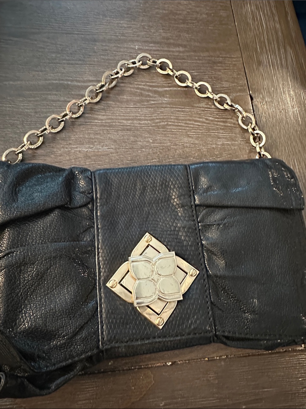 BCBGMAXAZRIA Black Textured Leather Shoulder Bag Clutch Gold Chain